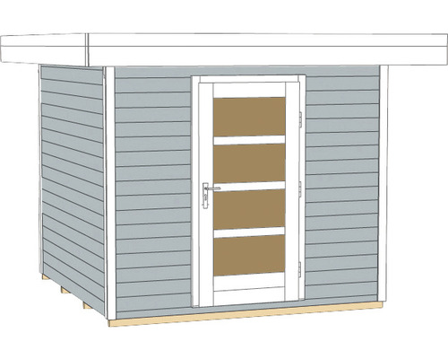 Illustration eines Gartenhauses mit Tür und horizontaler Holzverkleidung.