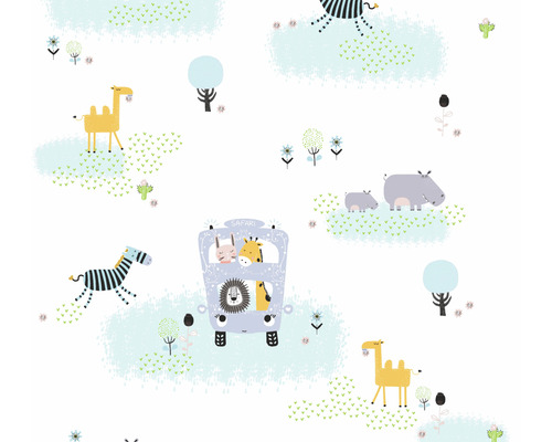Vliestapete 38114-1 Little Love Safari blau gelb Tapete mit Safari-Motiv, inklusive Tiere und Fahrzeugen.