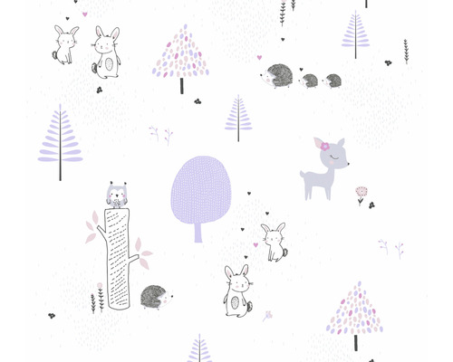 Vliestapete 38117-1 Little Love Waldtiere grau violett Tapete mit Waldtier-Motiven, inklusive Hasen, Igeln, Reh und Eulen.