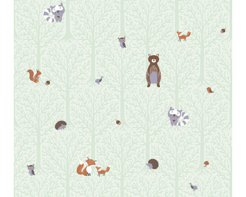 Vliestapete 38119-2 Little Love Waldtiere grün Tapete mit Waldtiermotiven wie Bären, Füchsen und Eulen