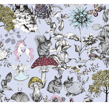 Muster mit Einhorn, Eichhörnchen, Fee, Pilzen, Kaninchen und Schloss