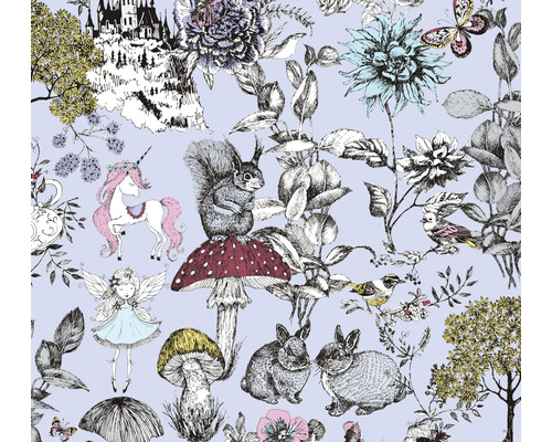 Vliestapete 38120-2 Little Love Tiere & Feen grau Muster mit Einhorn, Eichhörnchen, Fee, Pilzen, Kaninchen und Schloss