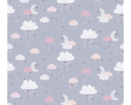 Vliestapete 38125-1 Little Love Himmel grau rosa Muster mit Wolken, Monden, Sternen und Herzen für Stoffe und Tapeten
