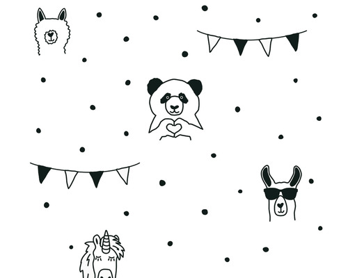 Vliestapete 38138-2 Little Love Punkte & Tiere schwarz weiß Schwarz-weiße Illustration mit Lama, Panda, Einhorn, Girlanden und Punkten