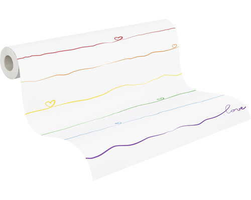 Tapetenrolle mit Linien und Herzmotiven in Regenbogenfarben