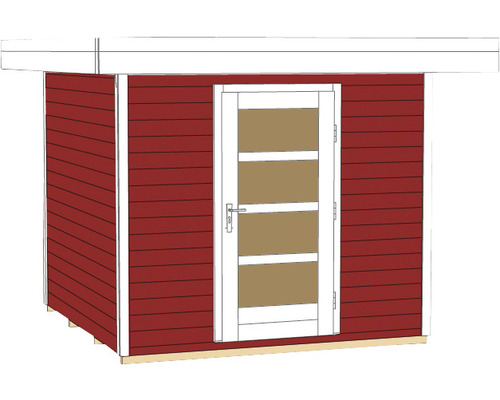 Illustration eines Gartenhauses mit Holztür