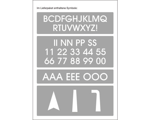 Im Lieferumfang enthaltene Symbole: Buchstaben, Zahlen und Pfeile