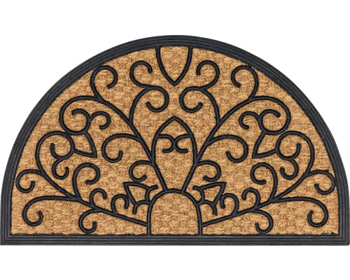 Halbrunde Fußmatte aus Kokosfaser mit schwarzem Ornamentmuster