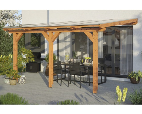 Terrassenüberdachung SKAN HOLZ Andria 434x400 cm eiche hell Holzterrasse mit Glasdach und Esstischgruppe im Garten