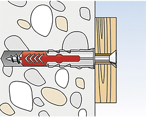 Illustration eines Dübels in einer Wand mit einer Schraube in einem Holzstück