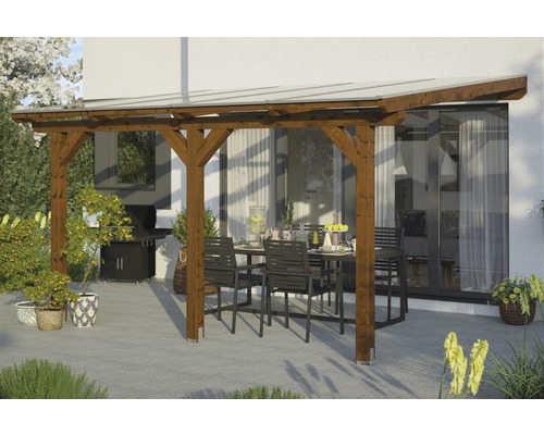 Terrassenüberdachung SKAN HOLZ Andria 434x300 cm nußbaum Überdachte Terrasse mit Holzbalken, Tisch und Stühlen im Garten