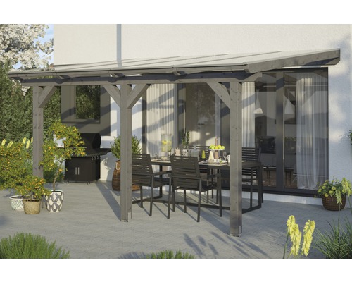 Terrassenüberdachung SKAN HOLZ Andria 434x400 cm schiefergrau Holzpergola mit Esstisch und Stühlen im Garten