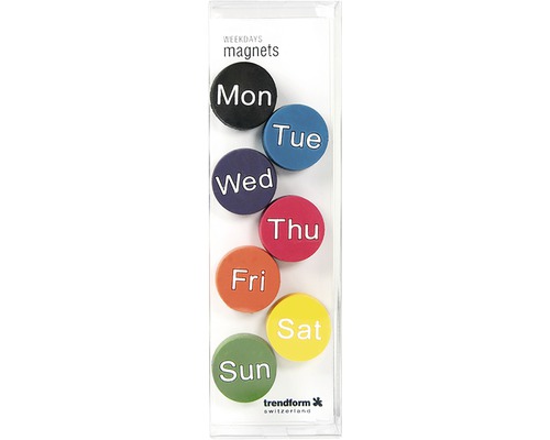 Wochenmagnete im Set mit den Tagen Montag, Dienstag, Mittwoch, Donnerstag, Freitag, Samstag und Sonntag