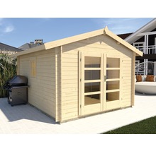Holzgartenhaus mit Doppeltür und Grill im Garten