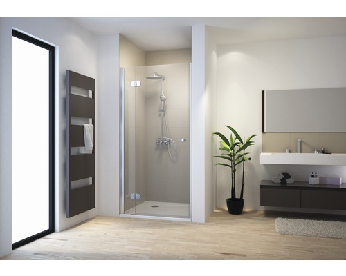 Drehtür für Nische Schulte ExpressPlus Masterclass 900x2000 mm Anschlag links Echtglas Klar hell chromoptik mit schmutzabweisender Glasbeschichtung Modernes Badezimmer mit Duschkabine, Handtuchwärmer und Waschtisch