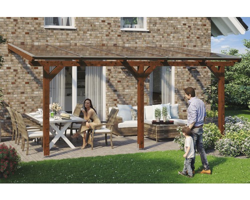 Terrassenüberdachung SKAN HOLZ Andria 541x250 cm nußbaum Holzterrasse mit Sitzgruppe und Familie im Garten