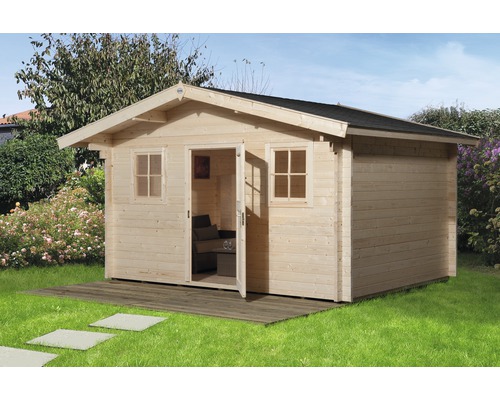 Gartenhaus weka inkl. Fußboden Fenster Unterkonstruktion Vordach 380 x 380 cm Gartenhaus aus Holz mit offenstehender Tür und Fenstern