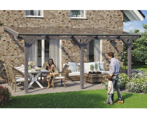 Terrassenüberdachung SKAN HOLZ Andria 541x300 cm schiefergrau Überdachte Terrasse mit Sitzgruppe und Familie im Garten