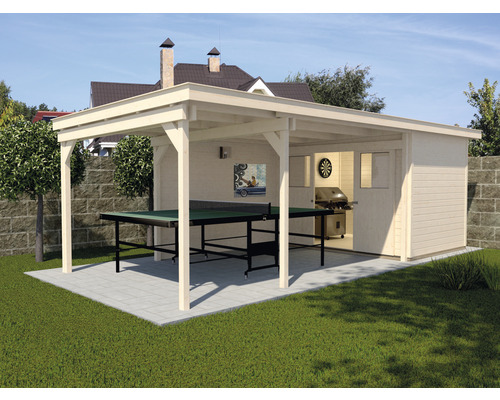 Holzgartenhaus mit Grill, Dartscheibe und Tischtennisplatte