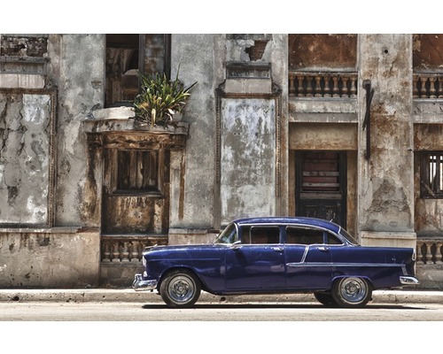Infrarot Bildheizung Motiv 11582390 90x70 cm 600 Watt Blaues Oldtimer Auto vor renovierungsbedürftigem Gebäude