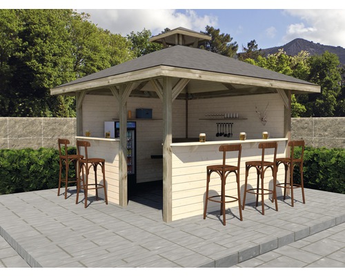 Gartenlaube weka Man Cave Freizeit Hütte 218 x 218 cm Holzbar mit Bartheke, Barhockern und Getränkekühlschrank im Garten