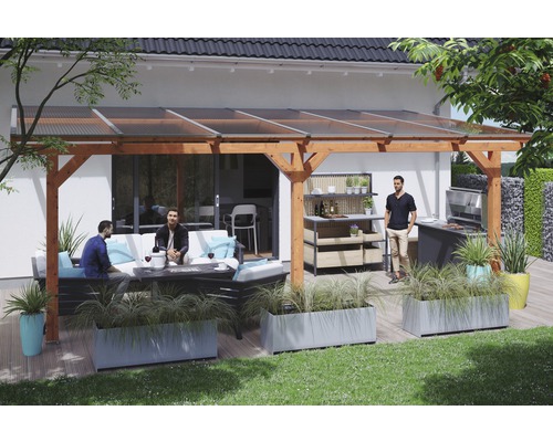 Terrassenüberdachung SKAN HOLZ Andria 648x300 cm eiche hell Überdachte Terrasse mit Holzkonstruktion, Gartenmöbeln, Grill und Pflanzkästen für ein gemütliches Ambiente im Freien.