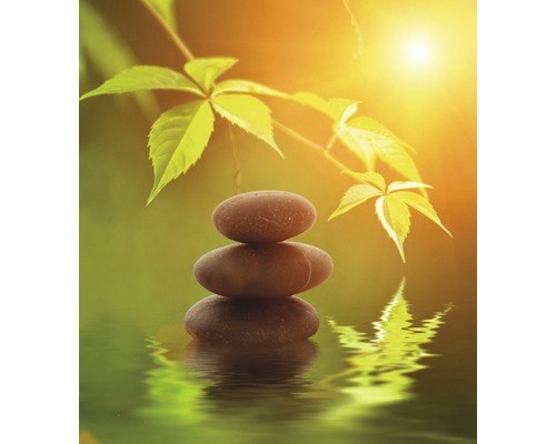 Infrarot Bildheizung Motiv 5165571 120x80 cm 1000 Watt Stapel aus drei Steinen auf einer Wasseroberfläche mit Blatt im Hintergrund