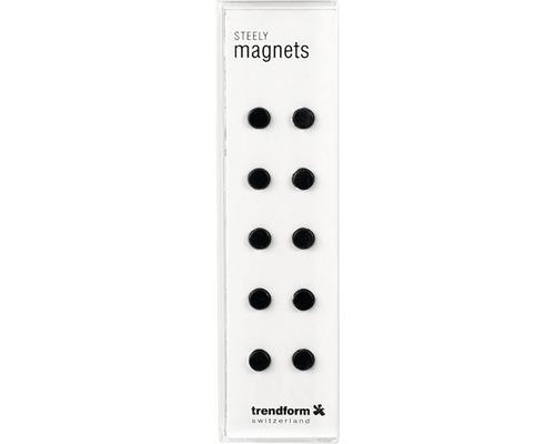 Zehn runde Magnete der Marke Trendform in einer Verpackung.