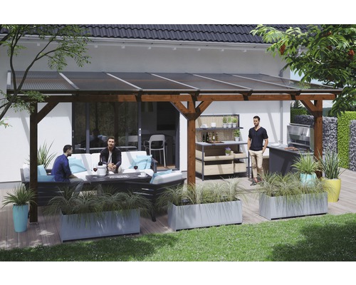 Terrassenüberdachung SKAN HOLZ Andria 648x300 cm nußbaum Überdachte Terrasse mit Grill, Möbeln und Pflanzkästen