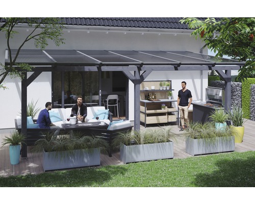 Terrassenüberdachung SKAN HOLZ Andria 648x250 cm schiefergrau Terrasse mit Grillplatz unter einer Überdachung mit Sitzgelegenheit