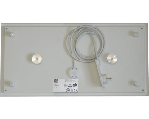 Rückseite eines Infrarotpaneels mit Anschlusskabel und Montagezubehör