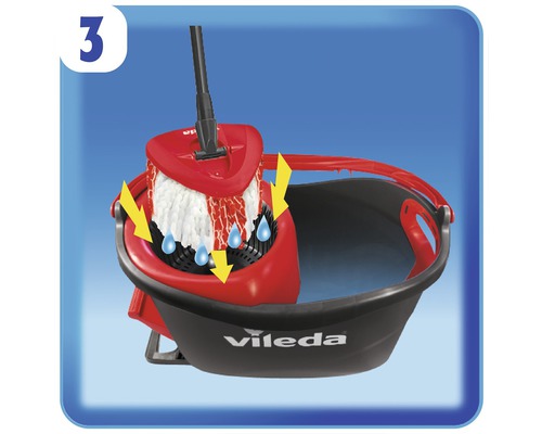 Vileda Logo. Darstellung der Moppauspressfunktion mit Pfeilen und Wassertropfen.