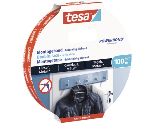 Tesa Montageband Powerbond, doppelseitig klebend, 5 Meter mal 19 Millimeter, geeignet für Fliesen und Metall
