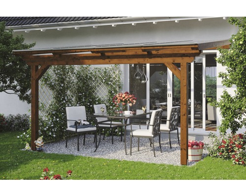 Terrassenüberdachung SKAN HOLZ Ancona 434x400 cm nußbaum Holzpergola mit Sitzgruppe im Garten