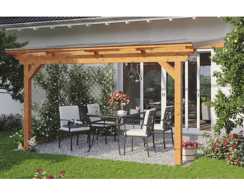 Terrassenüberdachung SKAN HOLZ Ancona 434x400 cm eiche hell Holzpergola mit Tisch und Stühlen im Garten