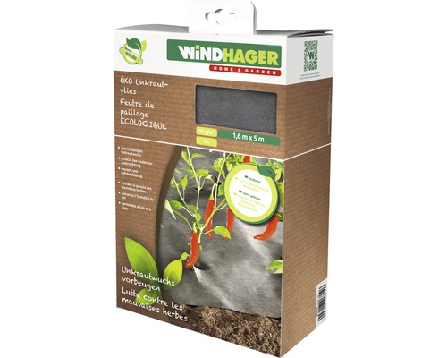 Verpackung einer Unkrautvliesrolle von Windhager, Größe 1,6 Meter mal 5 Meter