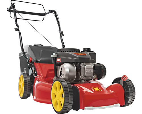 Roter Rasenmäher mit gelben Rädern