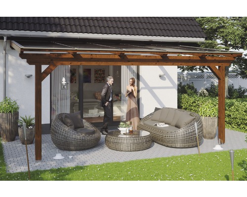 Terrassenüberdachung SKAN HOLZ Ancona 541x300 cm nußbaum Überdachte Terrasse mit Lounge-Möbeln und Paar