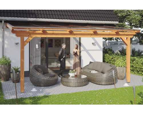 Terrassenüberdachung SKAN HOLZ Ancona 541x400 cm eiche hell Holzterrasse mit Sitzgelegenheit und Paar