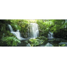 Eine malerische Szene mit Wasserfällen, Felsen und üppigem Grün.