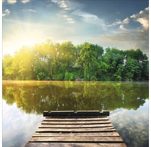 Steg aus Holz an einem See mit Bäumen im Hintergrund