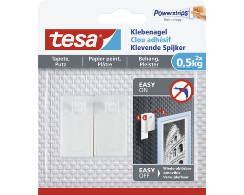 Tesa Klebenagel für Tapete und Putz, Tragkraft 0,5 Kilogramm, zwei Stück