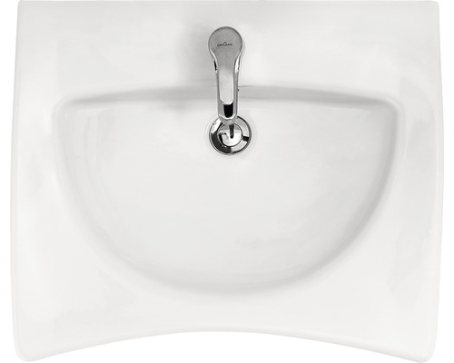 Aufsicht auf ein Waschbecken aus Keramik mit Armatur