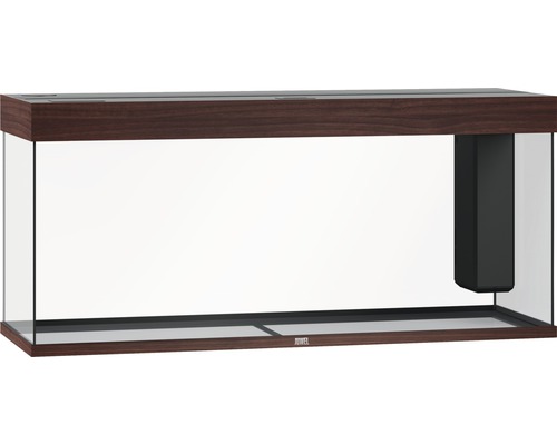 Leeres Aquarium mit dunklem Holzrahmen und integriertem Filtersystem