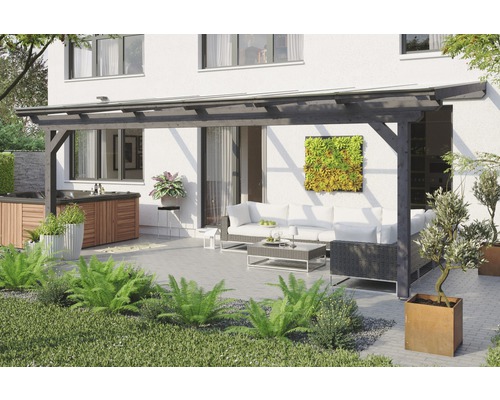 Terrassenüberdachung SKAN HOLZ Ancona 648x250 cm schiefergrau Terrasse mit Gartenmöbeln, Whirlpool und Überdachung