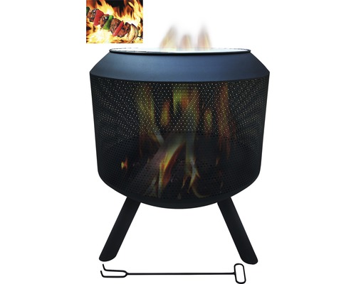 Feuerstelle mit Funkenschutzgitter und Schürhaken