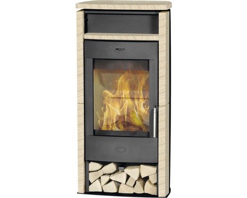 Kaminofen Fireplace Santiago Sandstein 6 kW mit Holzfach und Wärmefach