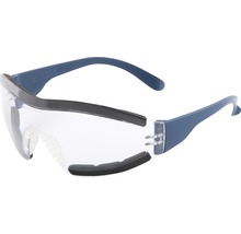 Schutzbrille mit klaren Gläsern und blauem Rahmen
