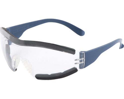 Schutzbrille mit klaren Gläsern und blauem Rahmen