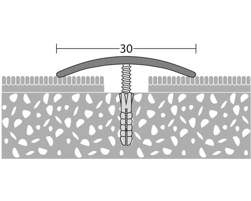 Illustration eines Übergangsprofils mit einer Breite von 30 Millimetern, das mit einer Schraube und einem Dübel im Boden befestigt ist